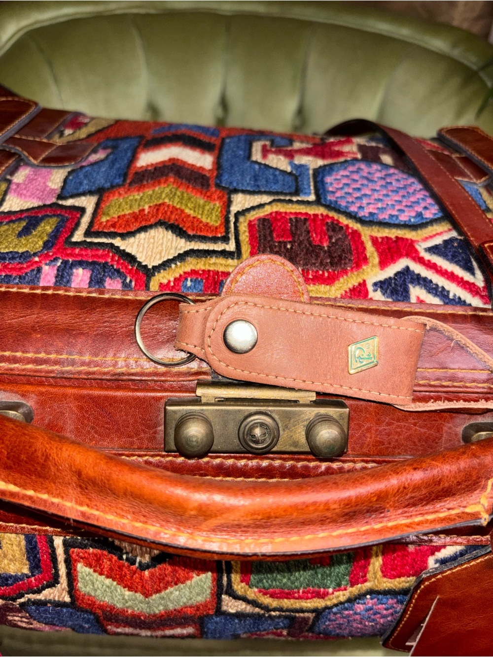 Vintage Kilim Large Turkish Wool Travel Carry Bag Rust Tan Blue Brown Leather - Picture 2 of 15